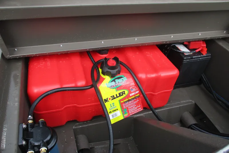 Slide: The Image of 2025 Alweld 1756 CC VV Marsh Jon boat with red fuel tank and battery. - 13