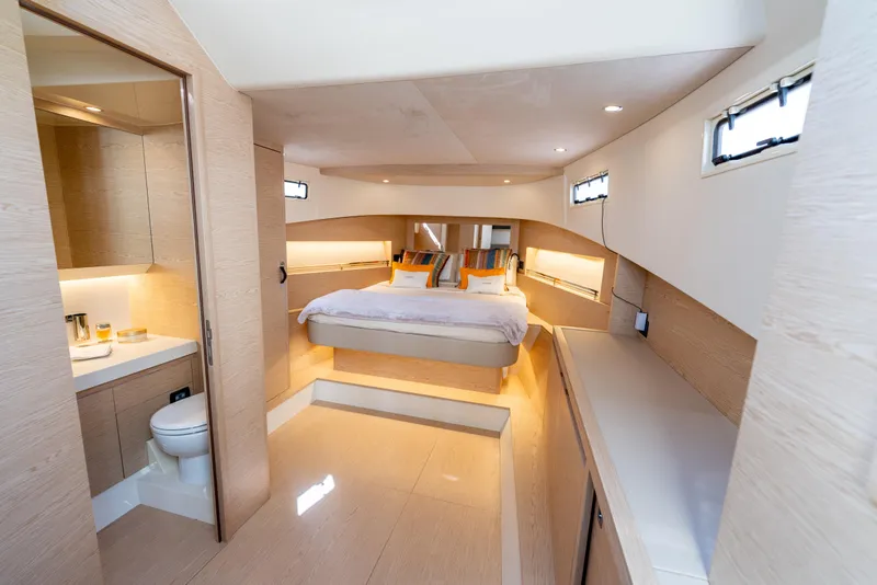 Slide: The Image of Luxurious interior of 2025 Solaris Power 44 Open yacht with modern bedroom and bathroom. - 15