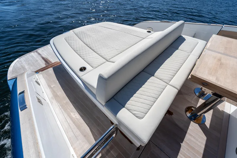 Slide: The Image of Luxurious seating on 2025 Solaris Power 44 Open yacht, featuring elegant quilted upholstery. - 31