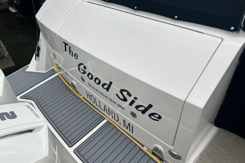 Slide: The Image of 2021 Sea Ray Sundancer 320 Coupe Outboard, named "The Good Side," docked in Holland, MI. - 34