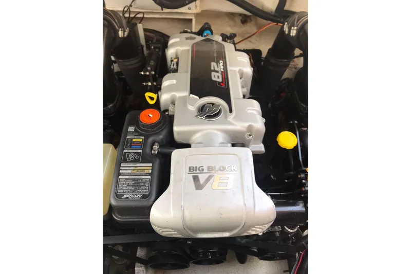 Slide: The Image of 2017 Sea Ray SLX 350 engine, featuring a Mercury 8.2L V8 Big Block. - 15