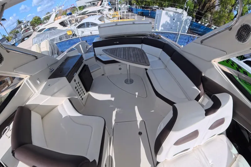 Slide: The Image of Luxurious 2017 Sea Ray SLX 350 boat interior with spacious seating and elegant design. - 20