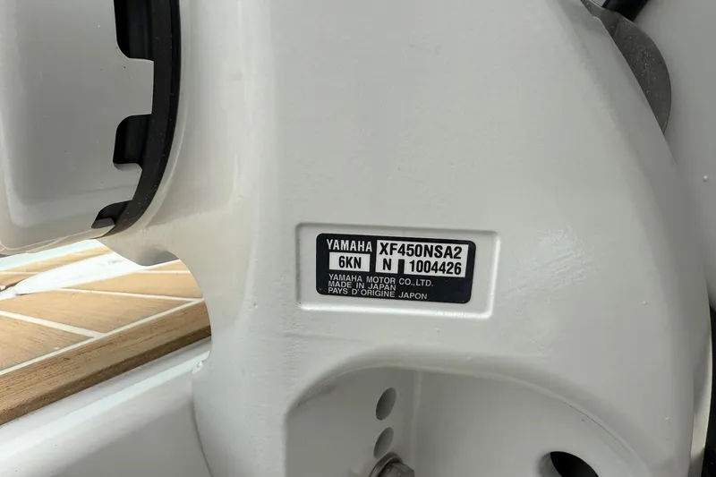 Slide: The Image of Close-up of Yamaha motor label on 2026 Regulator 31 boat. - 63