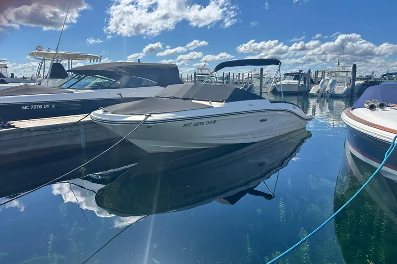 Slide: The Image of 2018 Sea Ray SPX 210 boat docked in a marina under a clear blue sky. - 10
