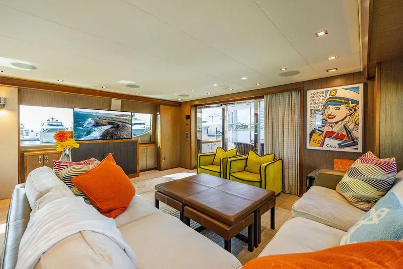 Slide: The Image of Luxurious interior of 2013 Hatteras 80 Motor Yacht with modern decor and vibrant accents. - 32