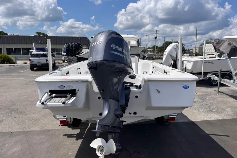 Slide: The Image of 2026 Tidewater 1910 Bay Max boat with Yamaha 115 outboard motor in a dealership lot. - 3