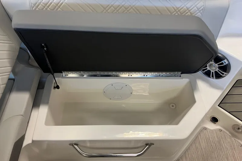 Slide: The Image of 2025 Sea Ray SDX 270 boat storage compartment with cushioned lid and speaker. - 8