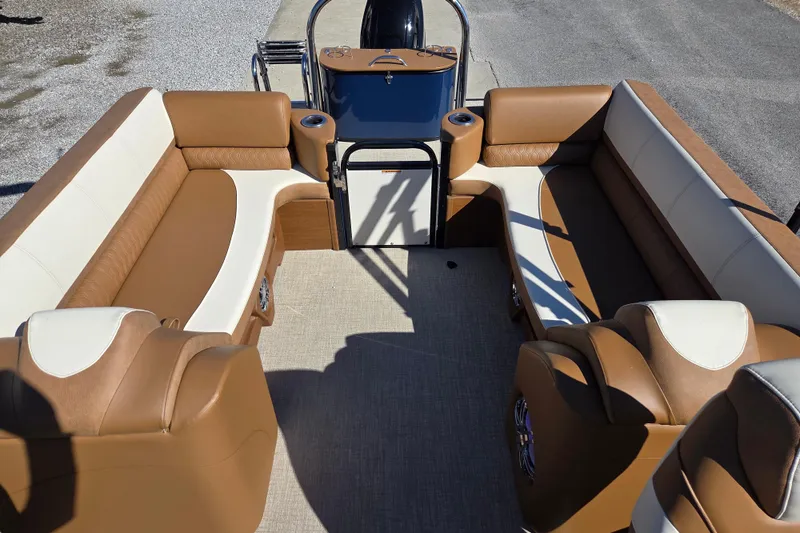 Slide: The Image of 2023 Avalon Platinum 2385 Catalina Quad Lounger with luxurious tan and white seating. - 11