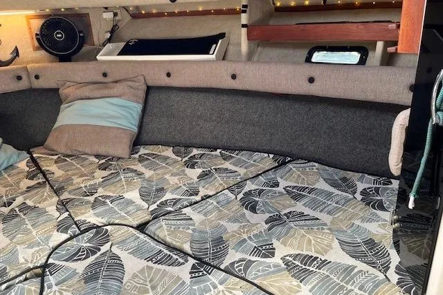 Slide: The Image of Cozy cabin interior of 1988 Penn Yan Predator 288 with patterned bedding and cushions. - 43