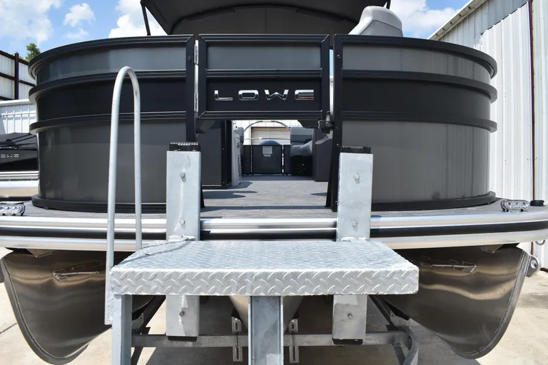 Slide: The Image of 2026 Lowe SF 212 WT Sport Fish pontoon boat, rear view with boarding ladder. - 12