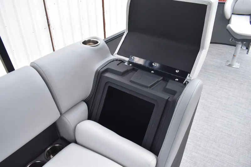 Slide: The Image of 2026 Lowe SF 212 WT Sport Fish boat seat with storage compartment open. - 45
