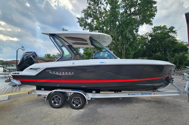 Slide: The Image of 2026 Monterey Elite 25 OB boat on trailer, sleek design with red accent stripe. - 5