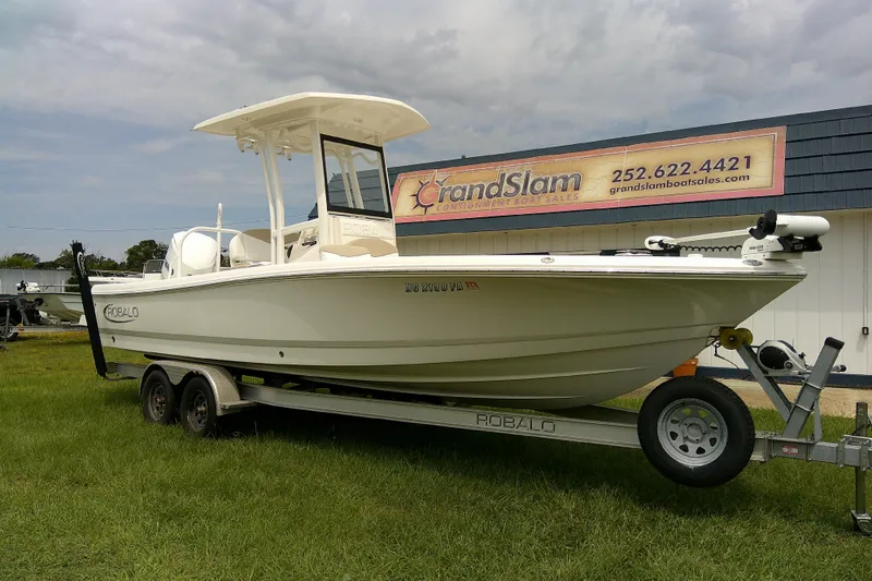 Slide: The Image of 2021 Robalo 246 Cayman boat on trailer at Grand Slam Boat Sales. - 3