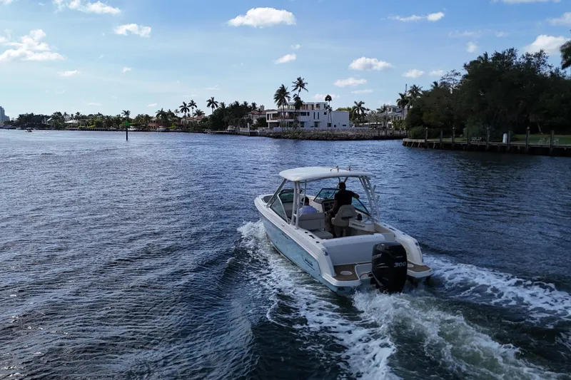Slide: The Image of 2017 Boston Whaler 230 Vantage cruising on a scenic waterway with palm trees. - 9
