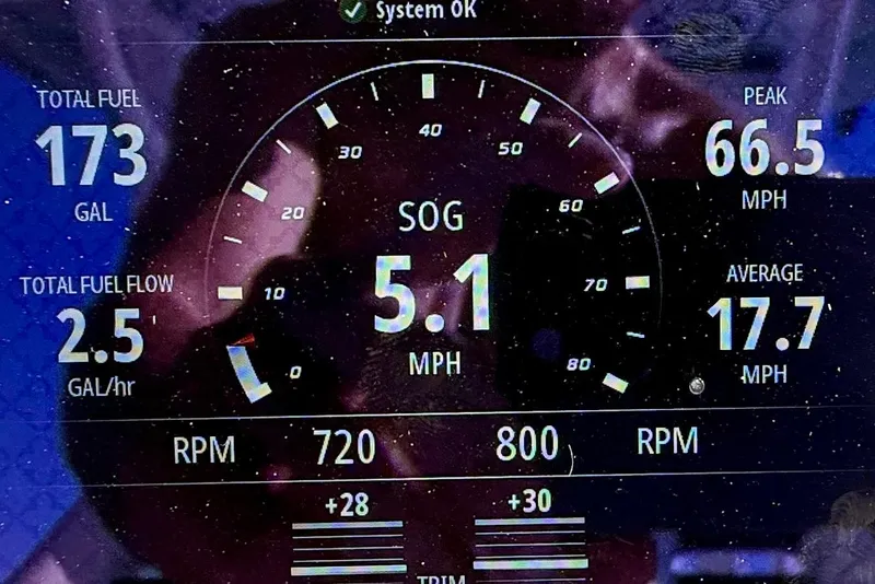 Slide: The Image of Dashboard of 2024 Tidewater 320 CC Adventure showing speed, fuel, and RPM metrics. - 30