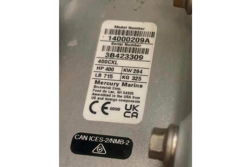 Slide: The Image of Label on Mercury Marine engine, model 400CXL, 400 HP, for 2024 Tidewater 320 CC Adventure. - 42