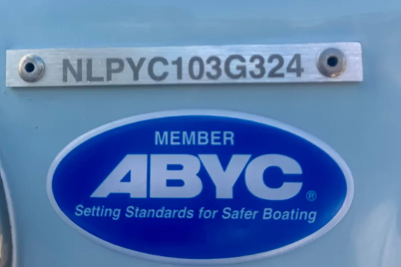 Slide: The Image of 2024 Tidewater 320 CC Adventure with ABYC membership plate and serial number. - 43