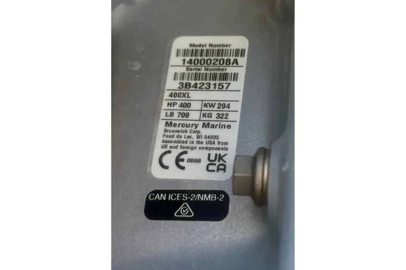 Slide: The Image of Label on Mercury Marine engine, model 400XL, for 2024 Tidewater 320 CC Adventure. - 44