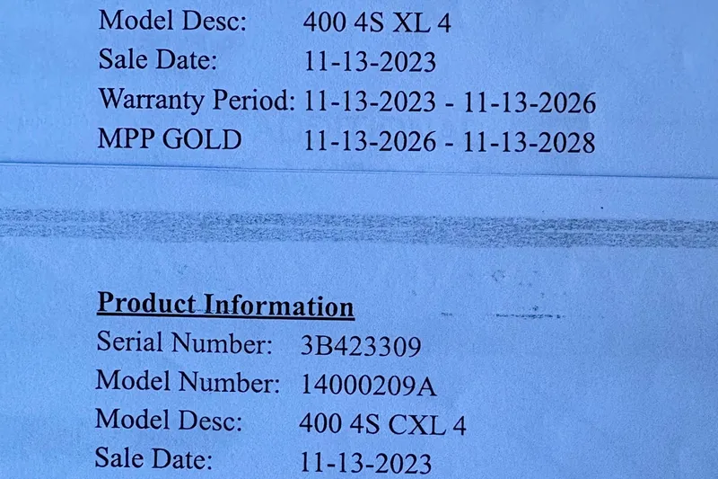 Slide: The Image of Warranty and product details for Tidewater 320 CC Adventure, 2024 model, with sale and warranty dates. - 45