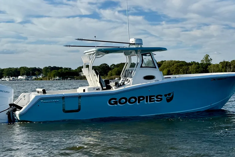 Slide: The Image of 2024 Tidewater 320 CC Adventure boat on water, blue hull, scenic background. - 9