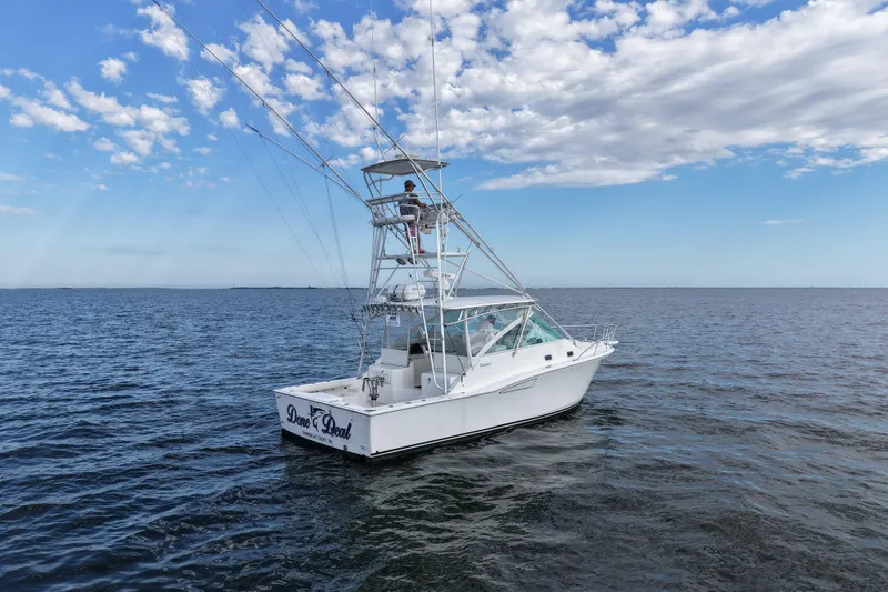 Slide: The Image of 2001 Cabo 35 Express boat on open water under a partly cloudy sky. - 12
