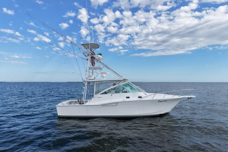 Slide: The Image of 2001 Cabo 35 Express boat on open water under a partly cloudy sky. - 5