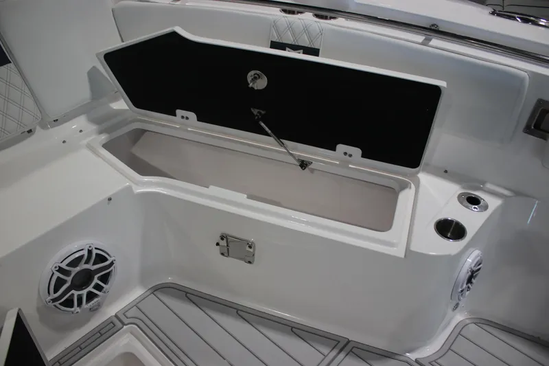 Slide: The Image of Luxurious seating area on 2026 Sea Fox 328 Commander boat, featuring elegant upholstery and integrated speakers. - 10