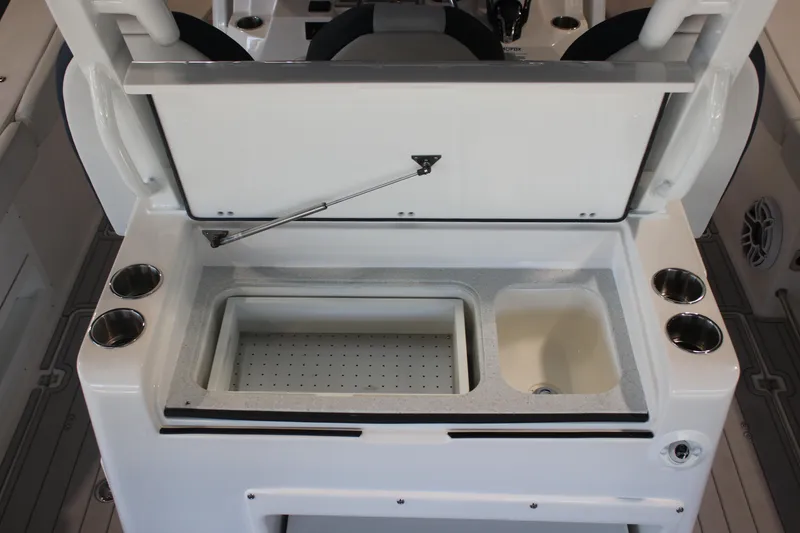 Slide: The Image of 2026 Sea Fox 328 Commander boat storage compartment with open hatch and visible wiring. - 35