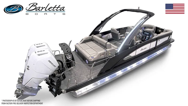 Slide: The Image of 2026 Barletta LUSSO 25UCAT pontoon boat in storage facility. - 4