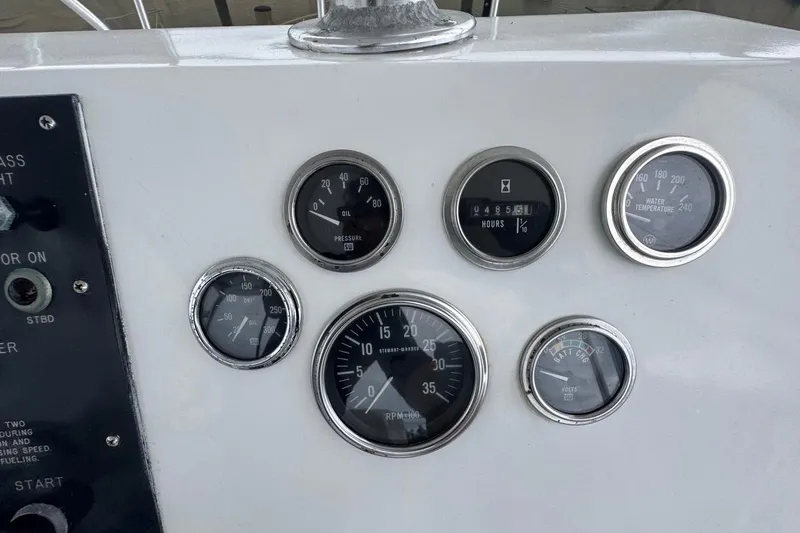 Slide: The Image of Dashboard gauges of a 1979 Hatteras 53 Motor Yacht, displaying oil pressure, RPM, and temperature. - 88