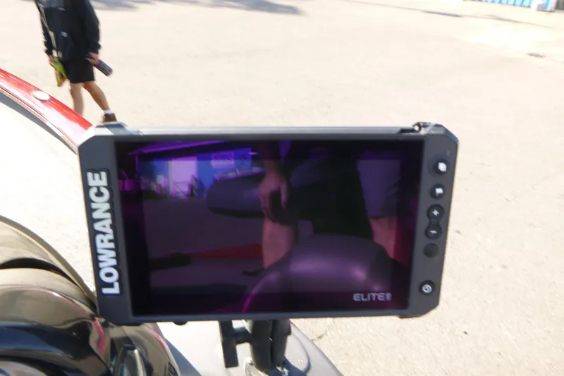 Slide: The Image of Lowrance Elite fishfinder on 2020 Tracker Pro Team 190 TX boat, outdoor setting. - 10