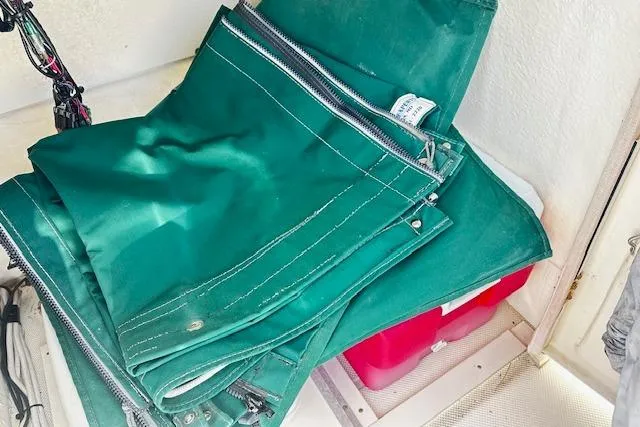 Slide: The Image of Green canvas with zippers on 1997 Sea Cat Catamaran, interior view. - 20