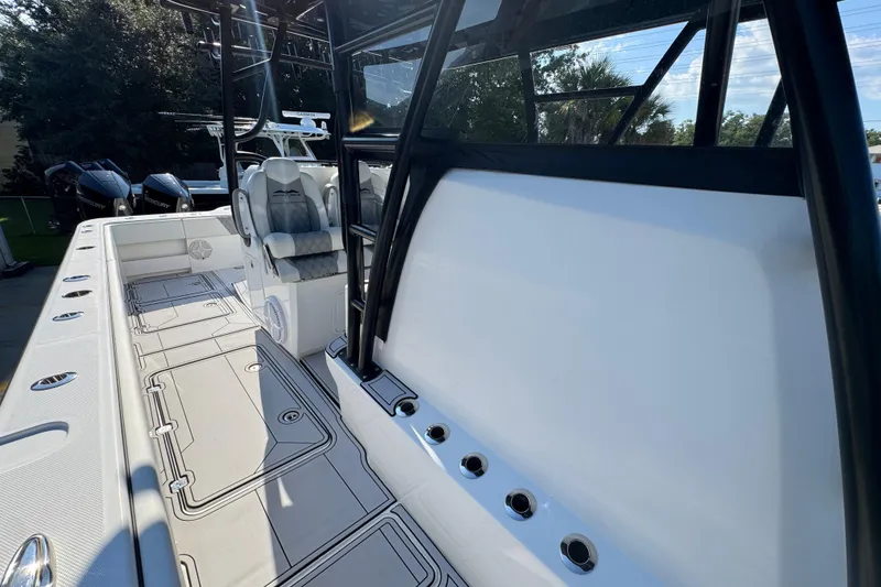 Slide: The Image of 2023 Invincible 35 Catamaran interior with sleek seating and modern design features. - 25