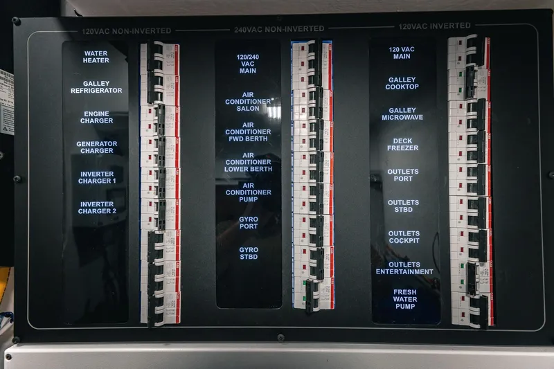 Slide: The Image of Electrical panel of a 2025 Lindell 48' boat, showing various circuit breakers. - 47