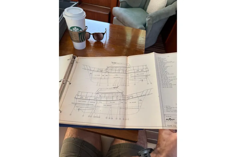Slide: The Image of Blueprints of a 1980 Hatteras 42 LRC yacht on a table with coffee and sunglasses. - 33