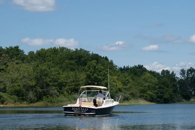 Slide: The Image of 2004 Hunt Yachts Surfhunter 25 cruising on a serene lake with lush green trees. - 34