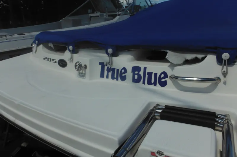 Slide: The Image of 2011 Sea Ray 205 Sport boat with "True Blue" name and blue cover. - 19