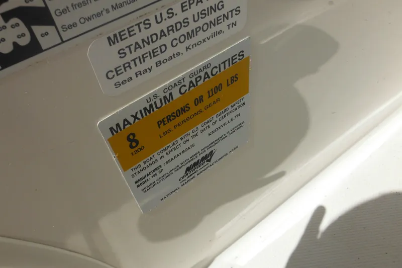 Slide: The Image of 2011 Sea Ray 205 Sport capacity label, U.S. Coast Guard certified for 8 persons or 1200 lbs. - 21