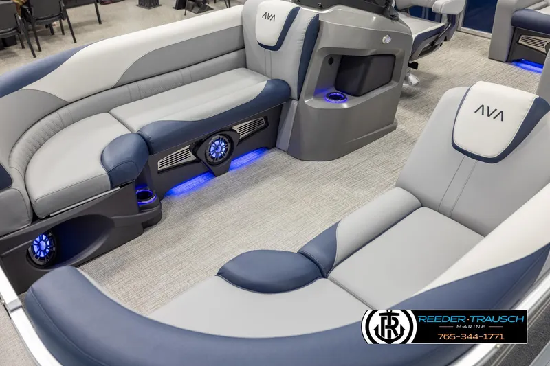 Slide: The Image of Luxurious interior of 2026 Avalon LSZ VRB boat with modern seating and blue LED lighting. - 10