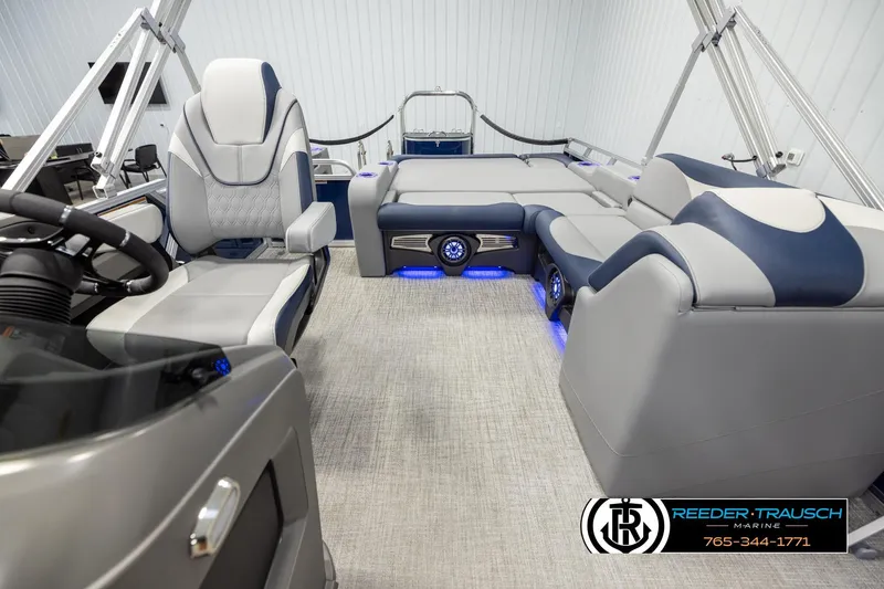 Slide: The Image of Interior of 2026 Avalon LSZ VRB pontoon boat with luxurious seating and modern design. - 14