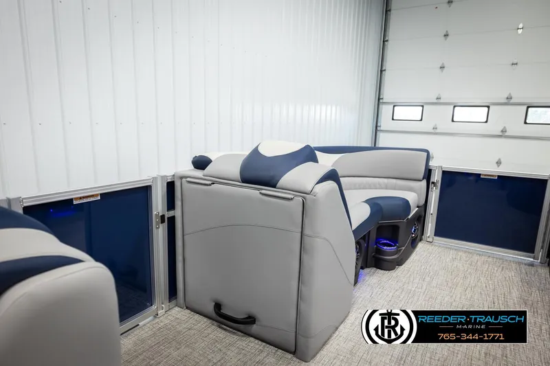 Slide: The Image of 2026 Avalon LSZ VRB pontoon boat interior with plush seating and modern design. - 20