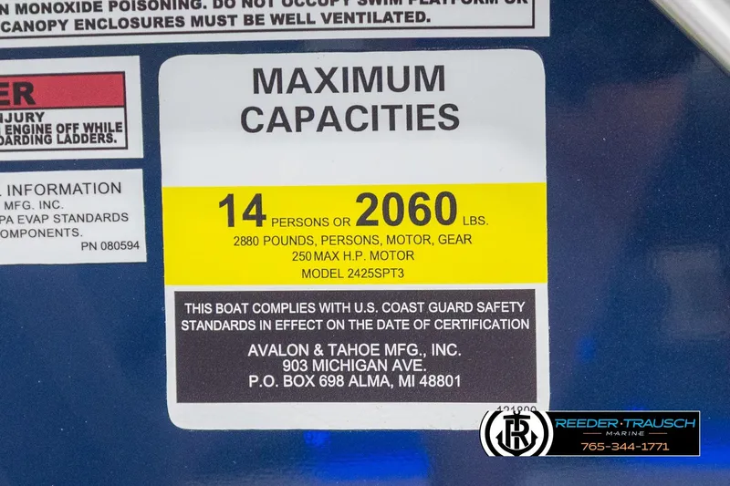Slide: The Image of 2026 Avalon LSZ VRB boat capacity label, 14 persons or 2060 lbs, 250 max HP motor. - 53