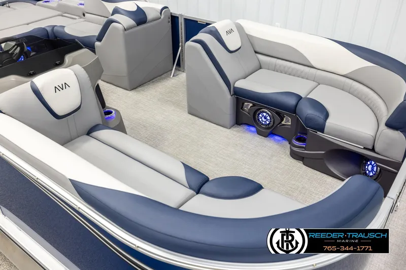 Slide: The Image of Luxurious 2026 Avalon LSZ VRB pontoon boat interior with plush seating and LED lighting. - 9