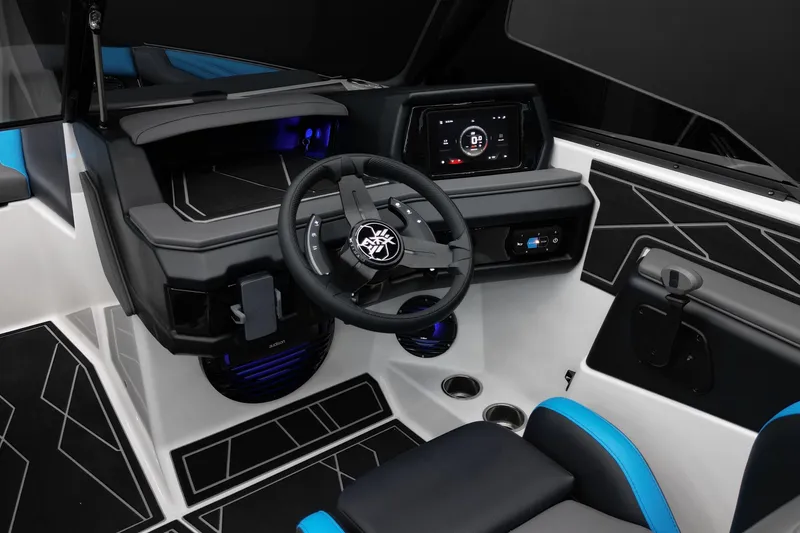 Slide: The Image of 2026 ATX Surf Boats 22 Type-S cockpit with modern dashboard and steering wheel design. - 15