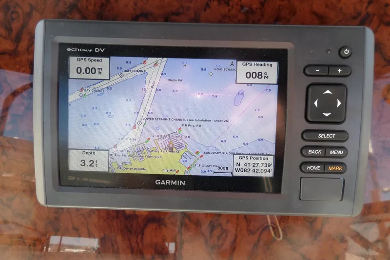 Slide: The Image of Garmin GPS on 2000 Sea Ray 380 Aft Cabin displaying nautical map and coordinates. - 29