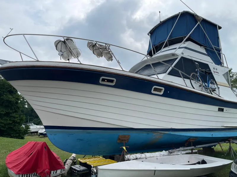 Slide: The Image of 1977 Pequod 34 Sportfish boat on land with blue and white hull. - 2