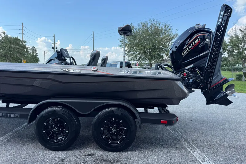 Slide: The Image of 2026 Skeeter ZXE20 boat on trailer with powerful outboard motor. - 5