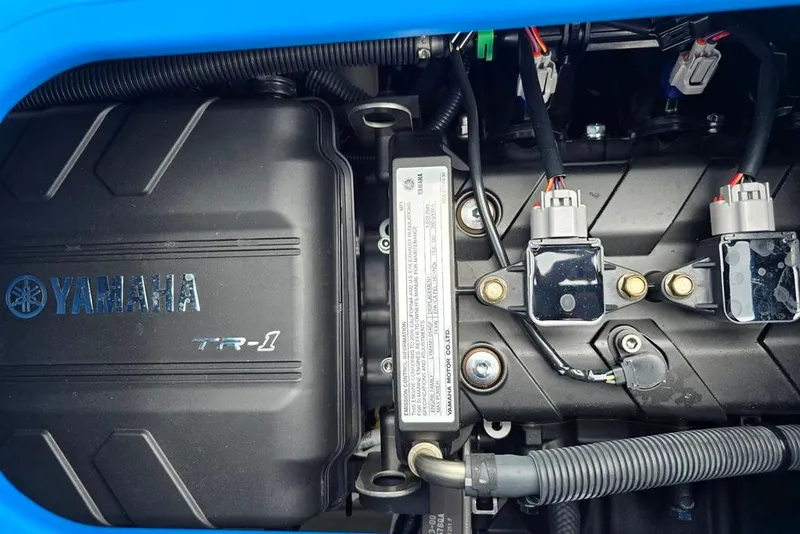 Slide: The Image of Engine compartment of a 2020 Yamaha WaveRunner, featuring TR-1 engine components. - 9