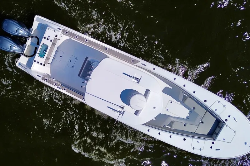 Slide: The Image of Overhead view of 2022 Cape Horn 34 XS boat on water. - 34