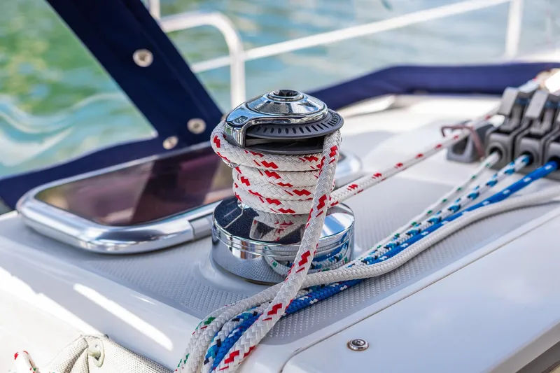 Slide: The Image of Close-up of Catalina 36 MkII sailboat winch with colorful ropes, 2005 model. - 7